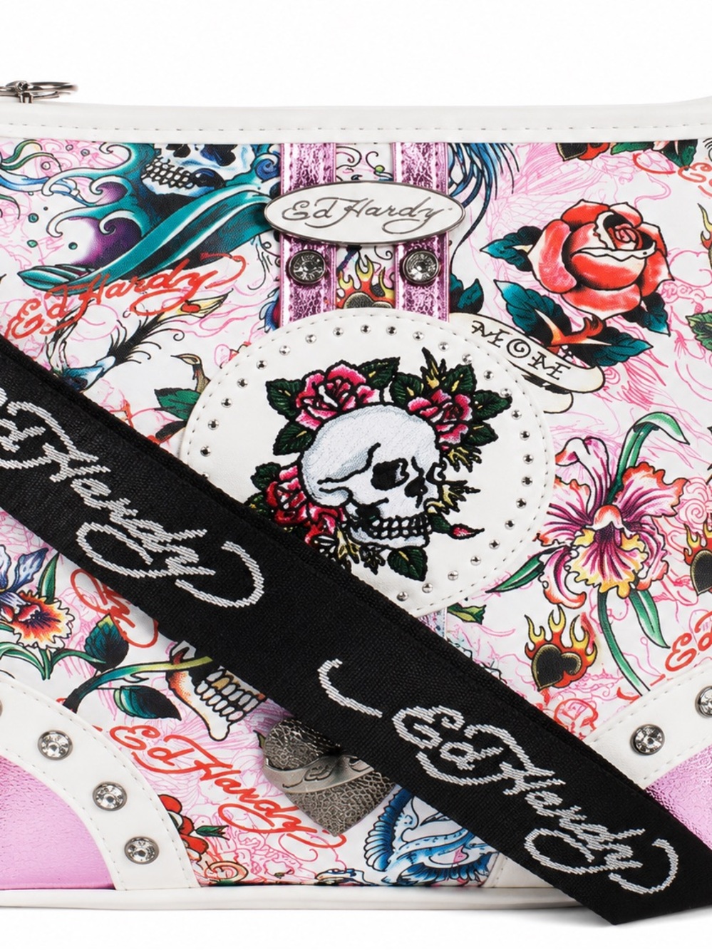 Ed Hardy White Pink Floral Skull Crossbody Bag with Black Strap (Cross Posted)